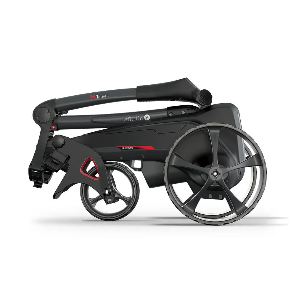 2025 Motocaddy Electric Golf Trolley - M1 DHC Ultra Lithium Battery & Charger - side view, folded