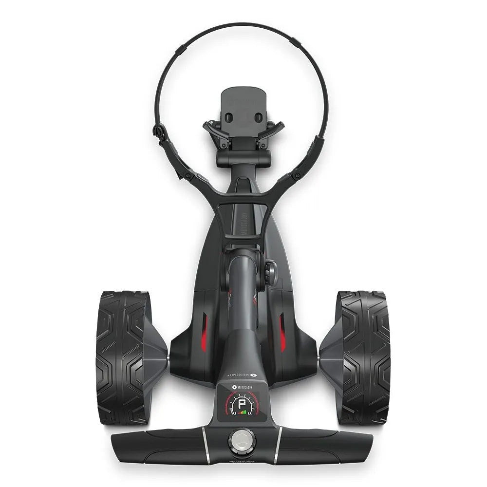 2025 Motocaddy Electric Golf Trolley - M1 DHC Ultra Lithium Battery & Charger - overhead view, handle display