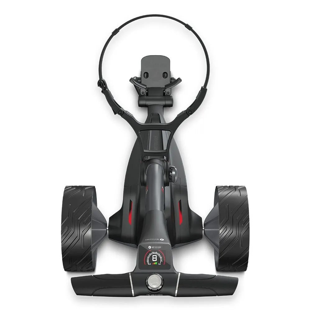 2025 Motocaddy Electric Golf Trolley - M1 Standard Lithium Battery & Charger - overhead view, handle display