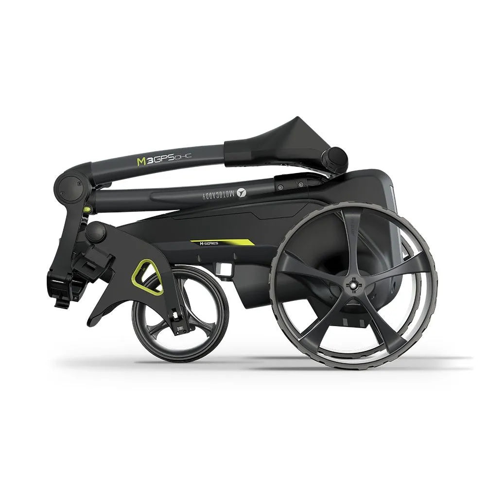 2025 Motocaddy Electric Golf Trolley - M3 GPS DHC Ultra Lithium Battery - side view, folded
