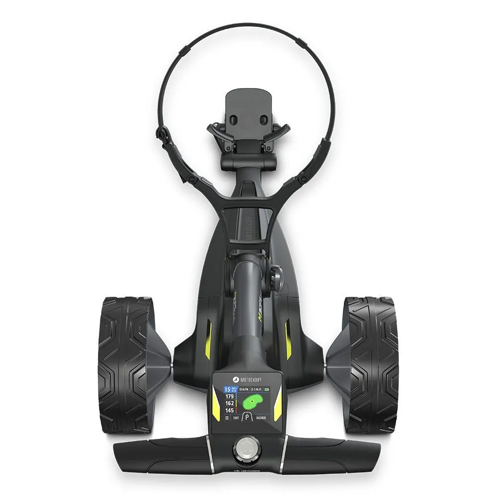 2025 Motocaddy Electric Golf Trolley - M3 GPS DHC Standard Lithium Battery - overhead view, handle display