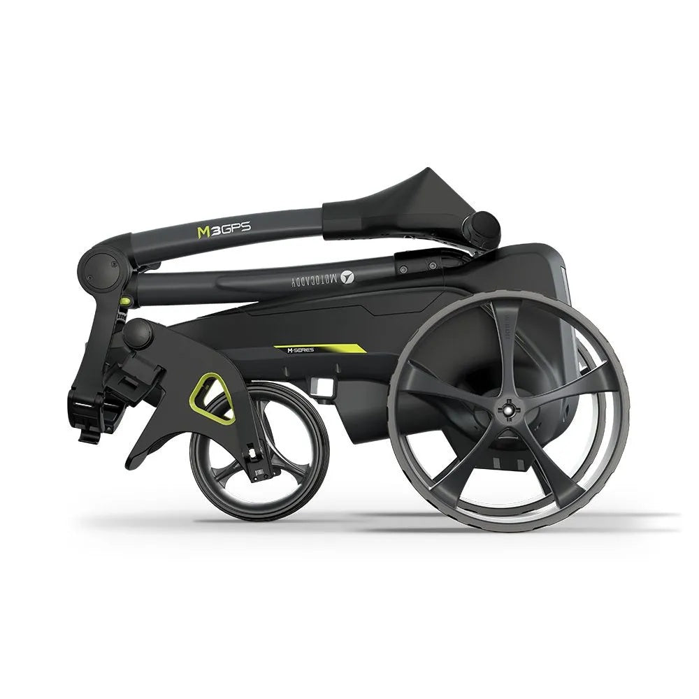 2025 Motocaddy Electric Golf Trolley - M3 GPS Ultra Lithium Battery & Charger - side view, folded