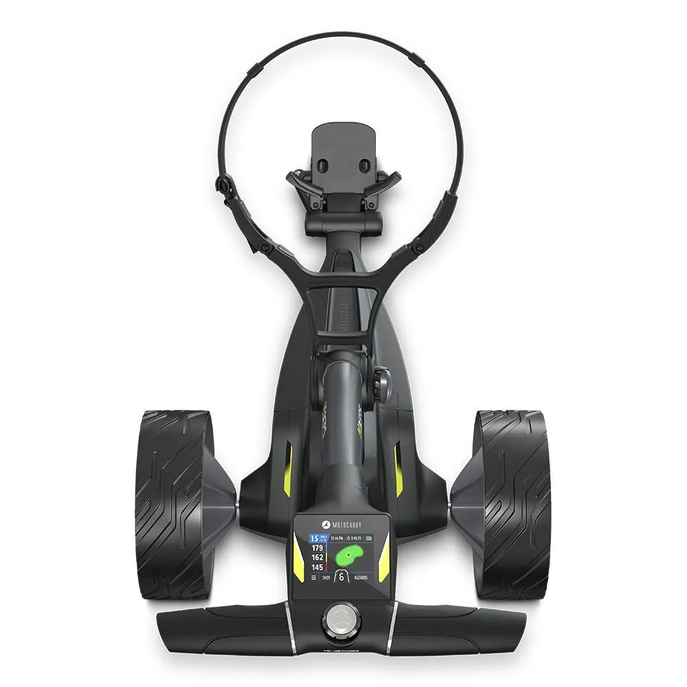 2025 Motocaddy Electric Golf Trolley - M3 GPS Ultra Lithium Battery & Charger - overhead view, handle display
