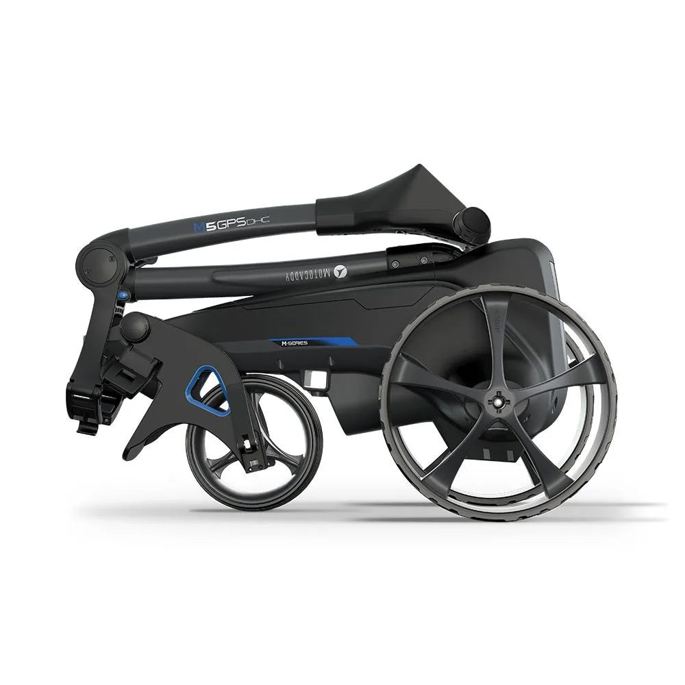 2025 Motocaddy Electric Golf Trolley - M5 GPS DHC Ultra Lithium Battery - side view, folded