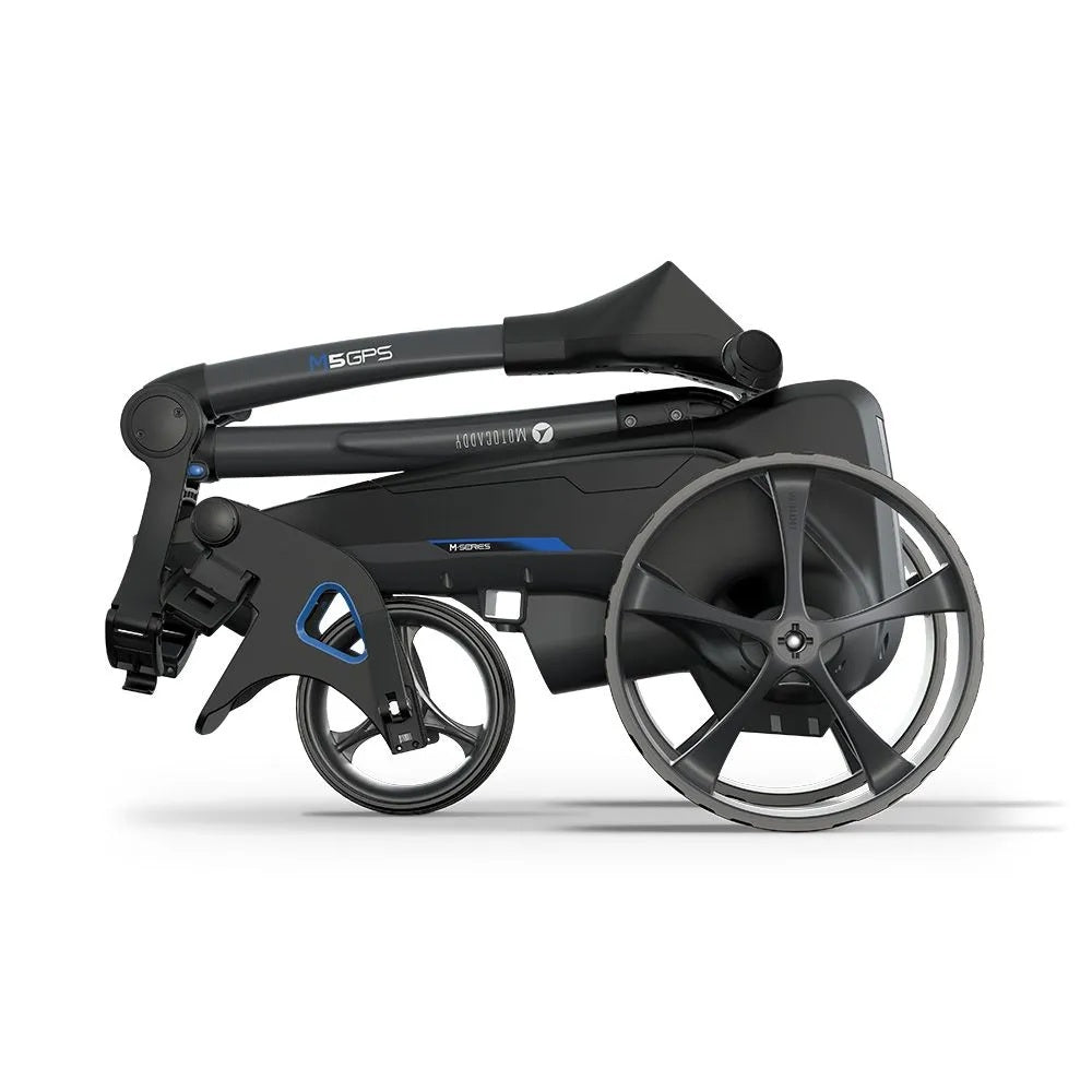 2025 Motocaddy Electric Golf Trolley - M5 GPS Ultra Lithium Battery & Charger - side view, folded
