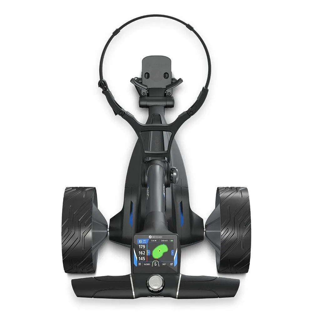 2025 Motocaddy Electric Golf Trolley - M5 GPS Ultra Lithium Battery & Charger - overhead view, handle display