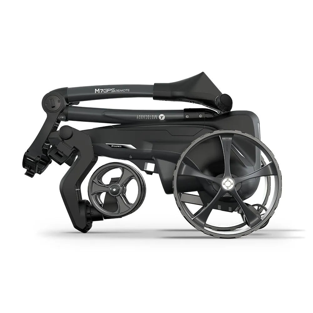 2025 Motocaddy Electric Golf Trolley - M7 GPS Remote Lithium Battery & Charger - side view, folded
