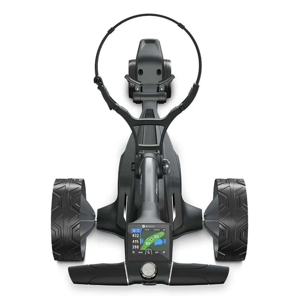 2025 Motocaddy Electric Golf Trolley - M7 GPS Remote Lithium Battery & Charger - overhead view, handle