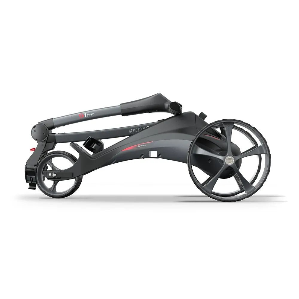 2025 Motocaddy Electric Golf Trolley - S1 DHC Ultra Lithium Battery & Charger - side view, folded