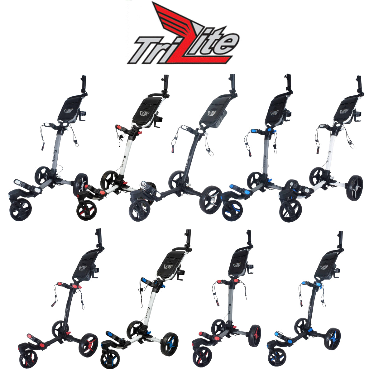 Axglo Tri-360 V2 Golf Trolley - 3 Wheel Swivel Push Cart with Umbrella & Drink Holder - showing available colours