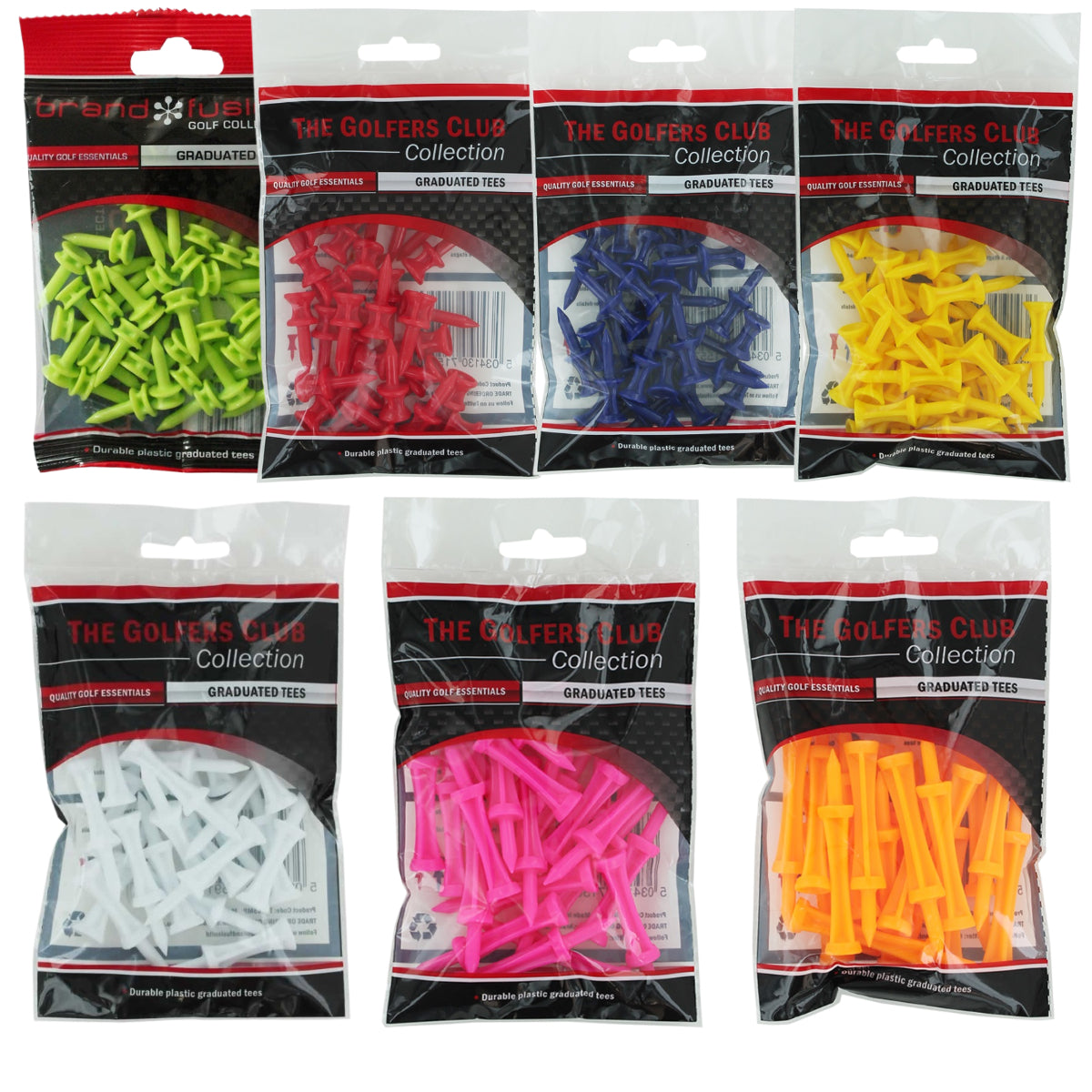 Brand Fusion Plastic Graduated Castle Golf Tees - showing the available colours