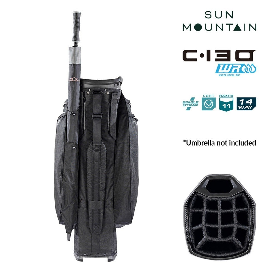 Sun Mountain C-130 Cart Bag 14-Way Golf Trolley Bag - Black - rear view with carry strap