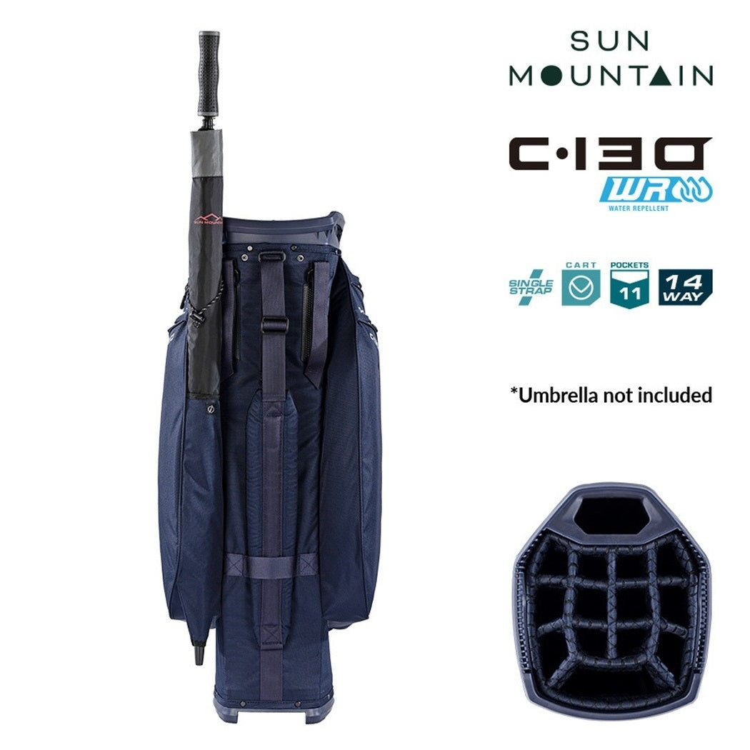 Sun Mountain C-130 Cart Bag 14-Way Golf Trolley Bag - Navy - rear view with carry strap