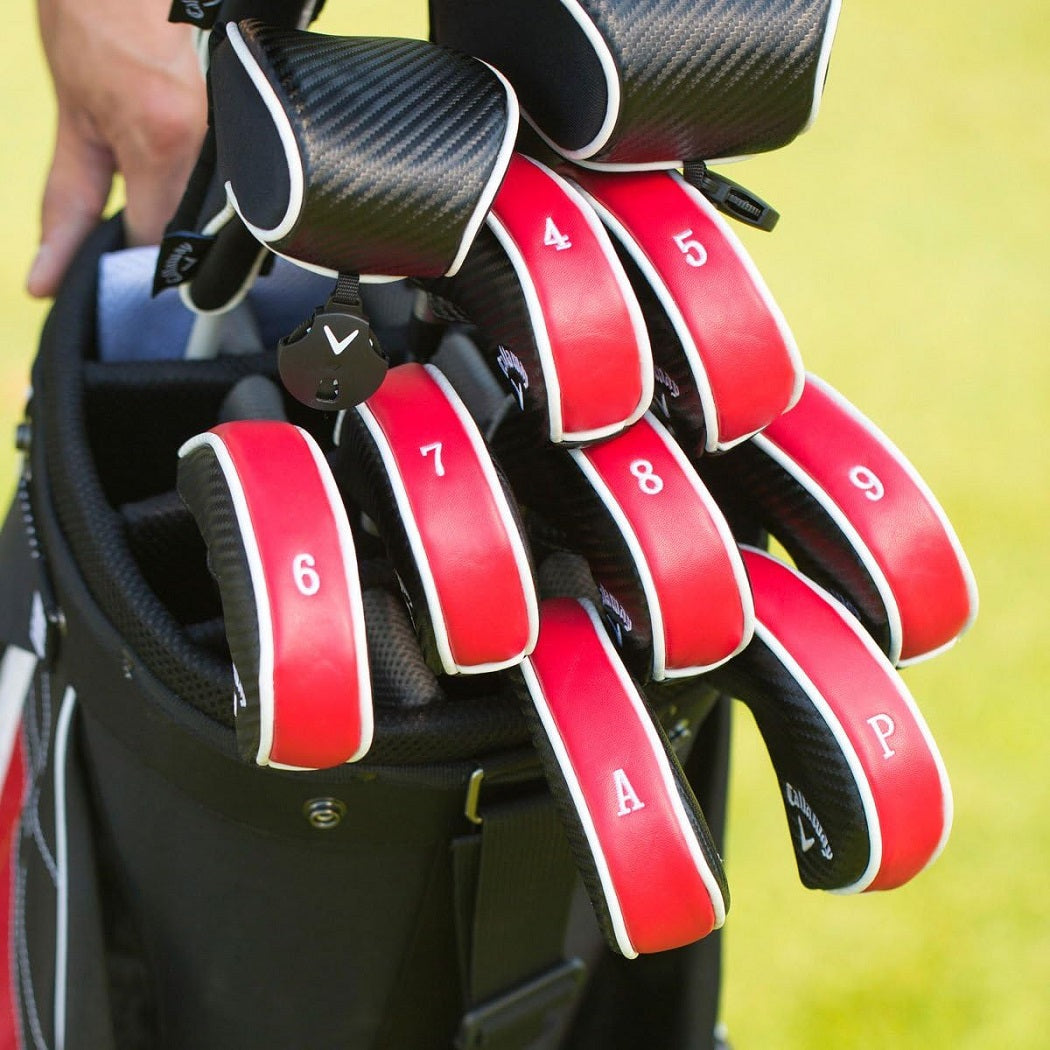 Callaway Golf Deluxe Iron Covers - showing the headcovers on the clubs (clubs not included)