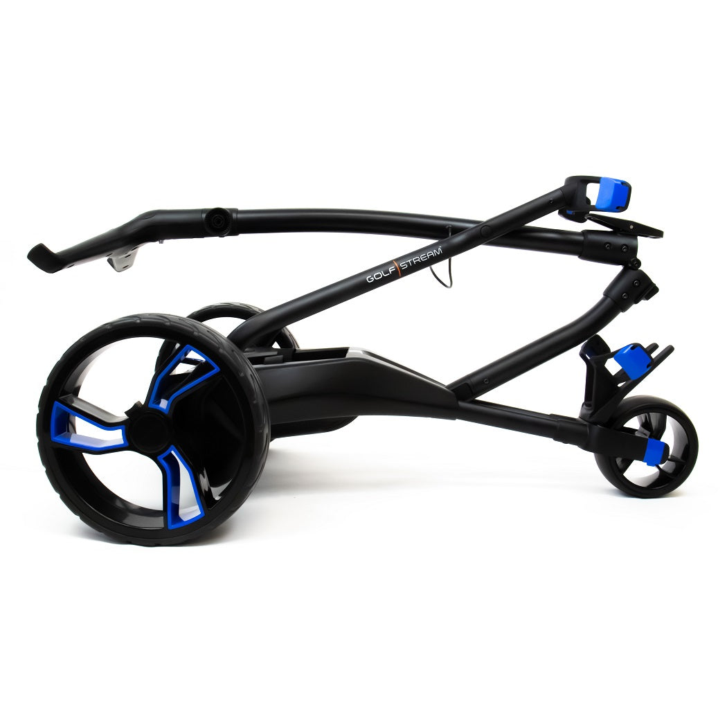 Golfstream GX1 Electric Golf Trolley - Black/Blue - side view, folded