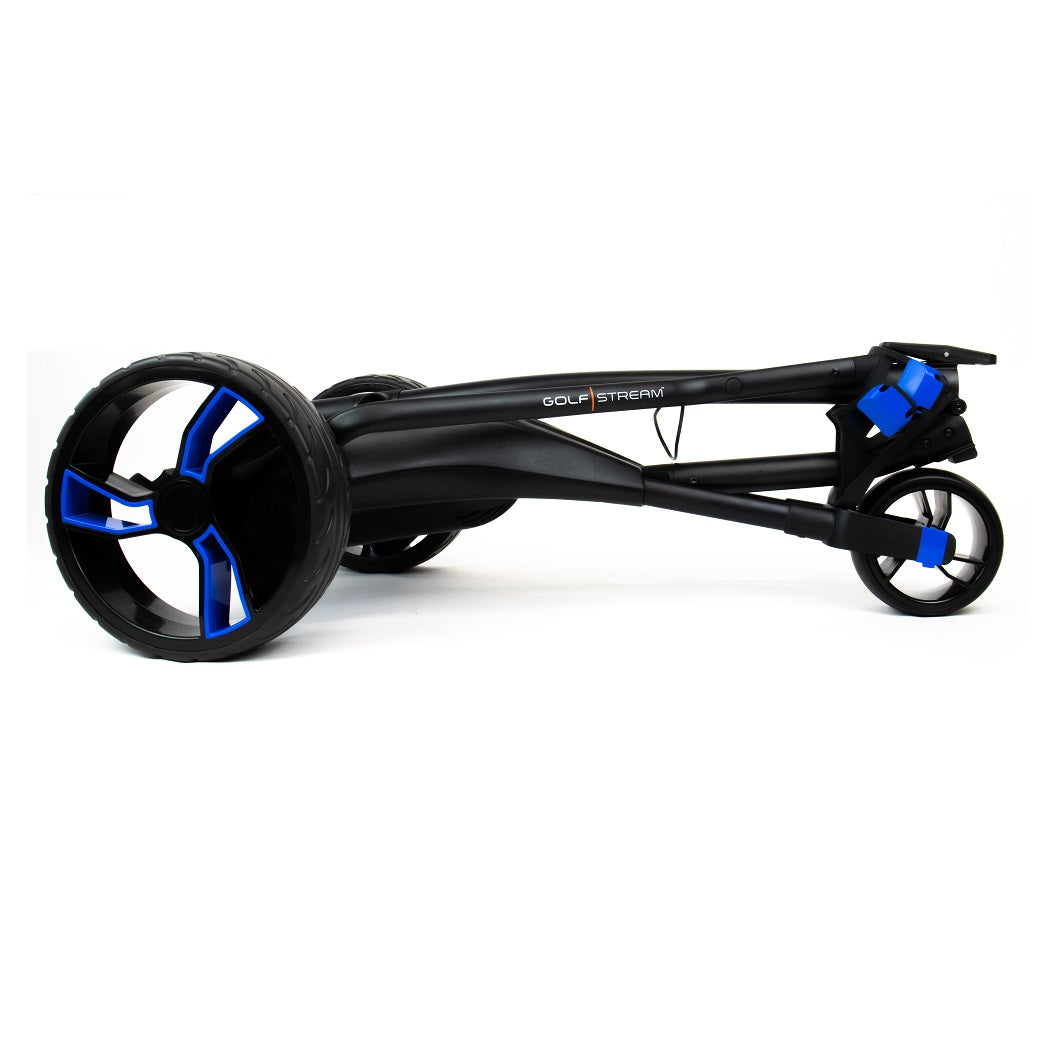 Golfstream GX1 Electric Golf Trolley - Black/Blue - side view, fully folded