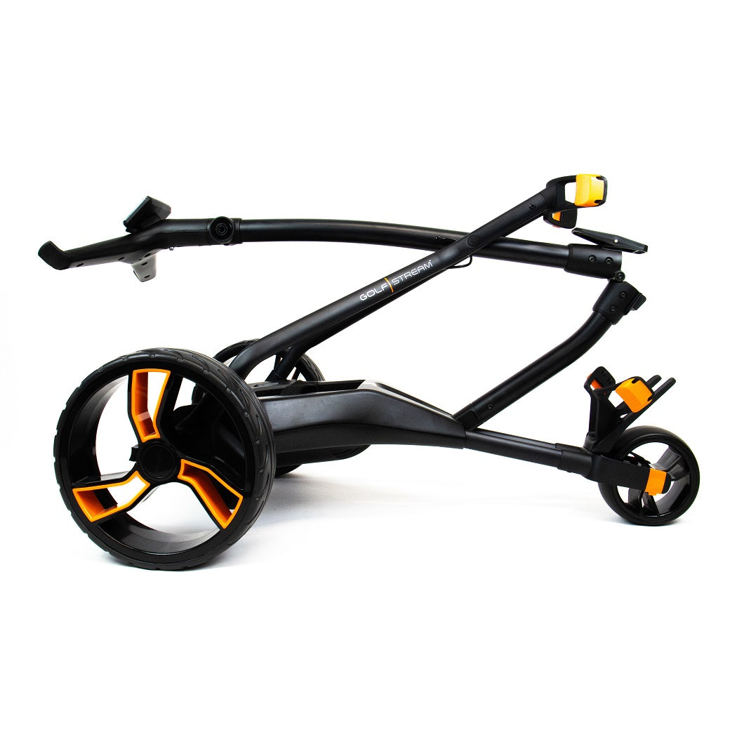 Golfstream GX3 Electric Golf Trolley - Black/Orange - side view, folding