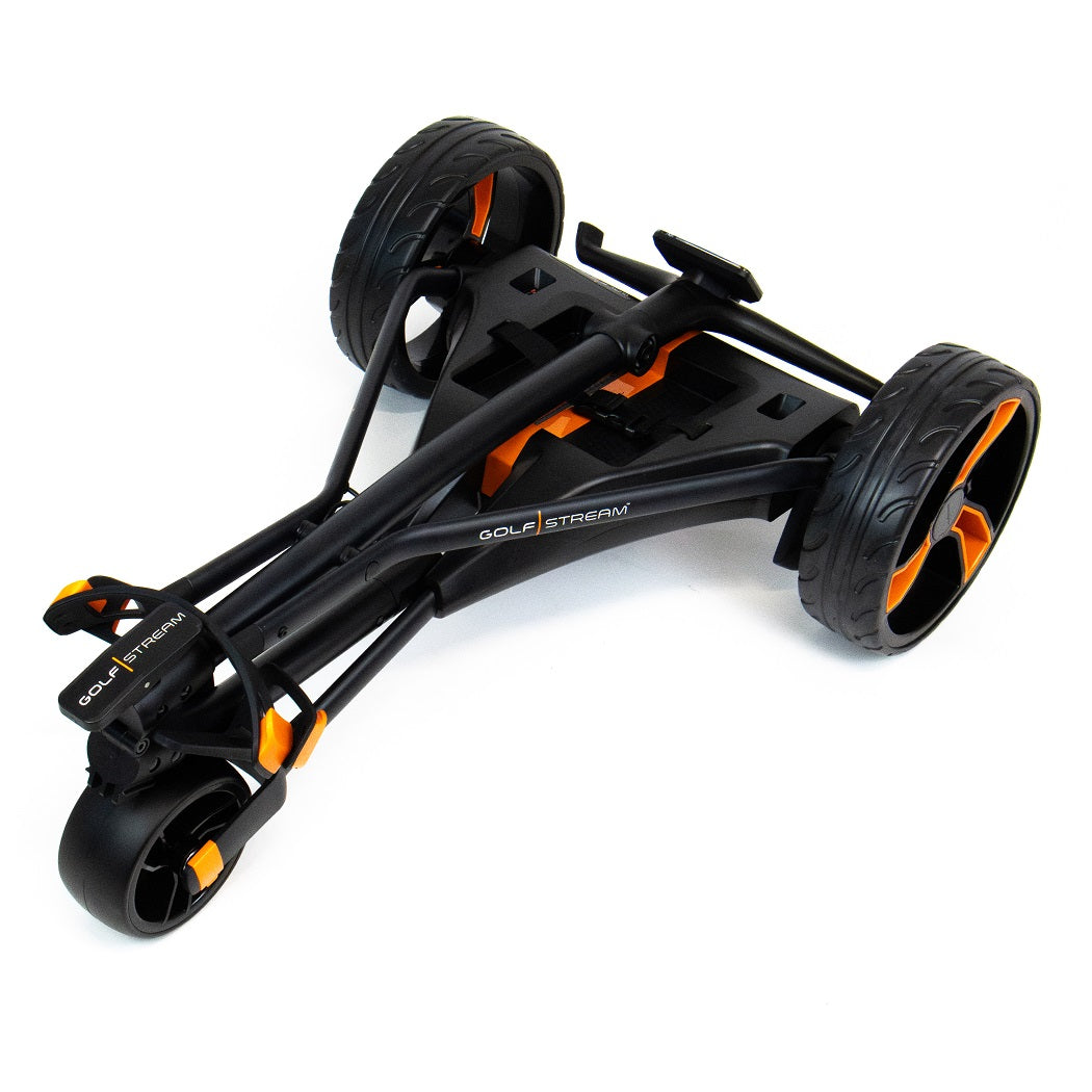 Golfstream GX3 Electric Golf Trolley - Black/Orange - quarter view, folded