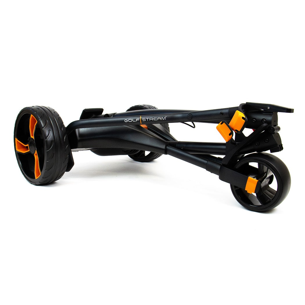 Golfstream GX3 Electric Golf Trolley - Black/Orange - front view, folded