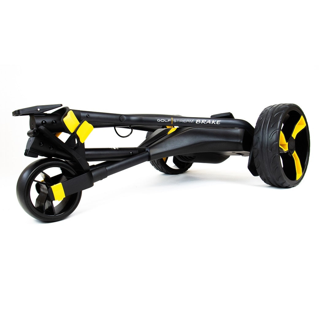 Golfstream GX5 Electric Trolley - Black/Yellow - side view, fully folded