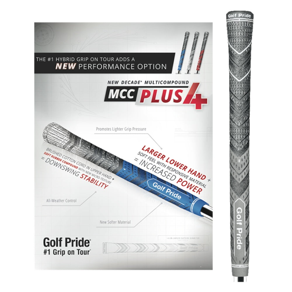 Golf Pride MCC Plus4 Jumbo Golf Grip - features graphic showing larger lower hand and hybrid construction