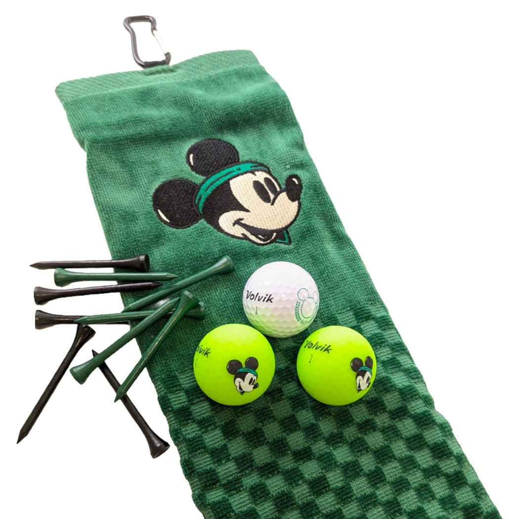 Volvik Disney Mickey Mouse Golf Ball, Towel & Tee Gift Set - showing balls, tees and towel with its carabiner