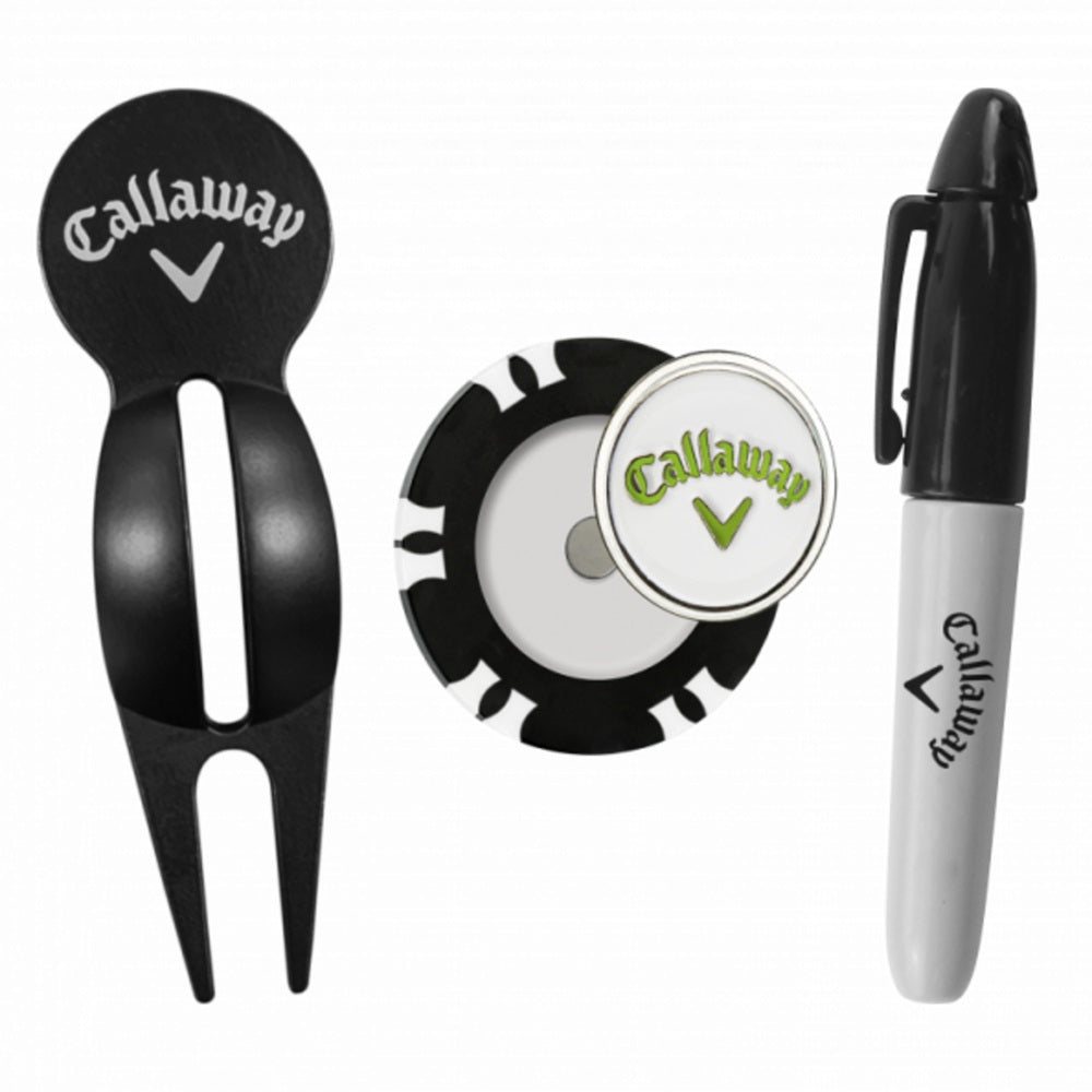 Callaway On-Course Accessory Kit - showing the putt-align divot tool, dual-mark poker chip and ball marker pen