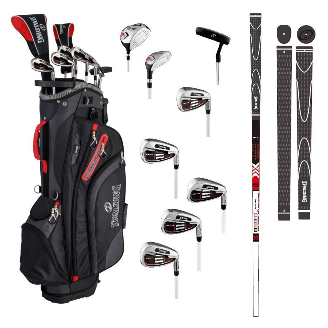 Spalding Executive Men`s Right Hand Golf Set - GRAPHITE - showing the included clubs, headcovers and golf bag