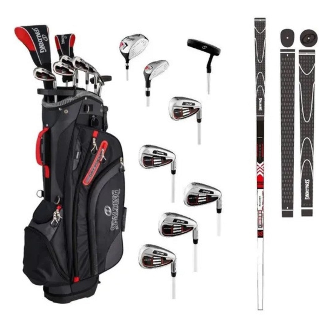 Spalding Executive Men`s Right Hand Golf Set - STEEL - showing the included clubs, headcovers and golf bag