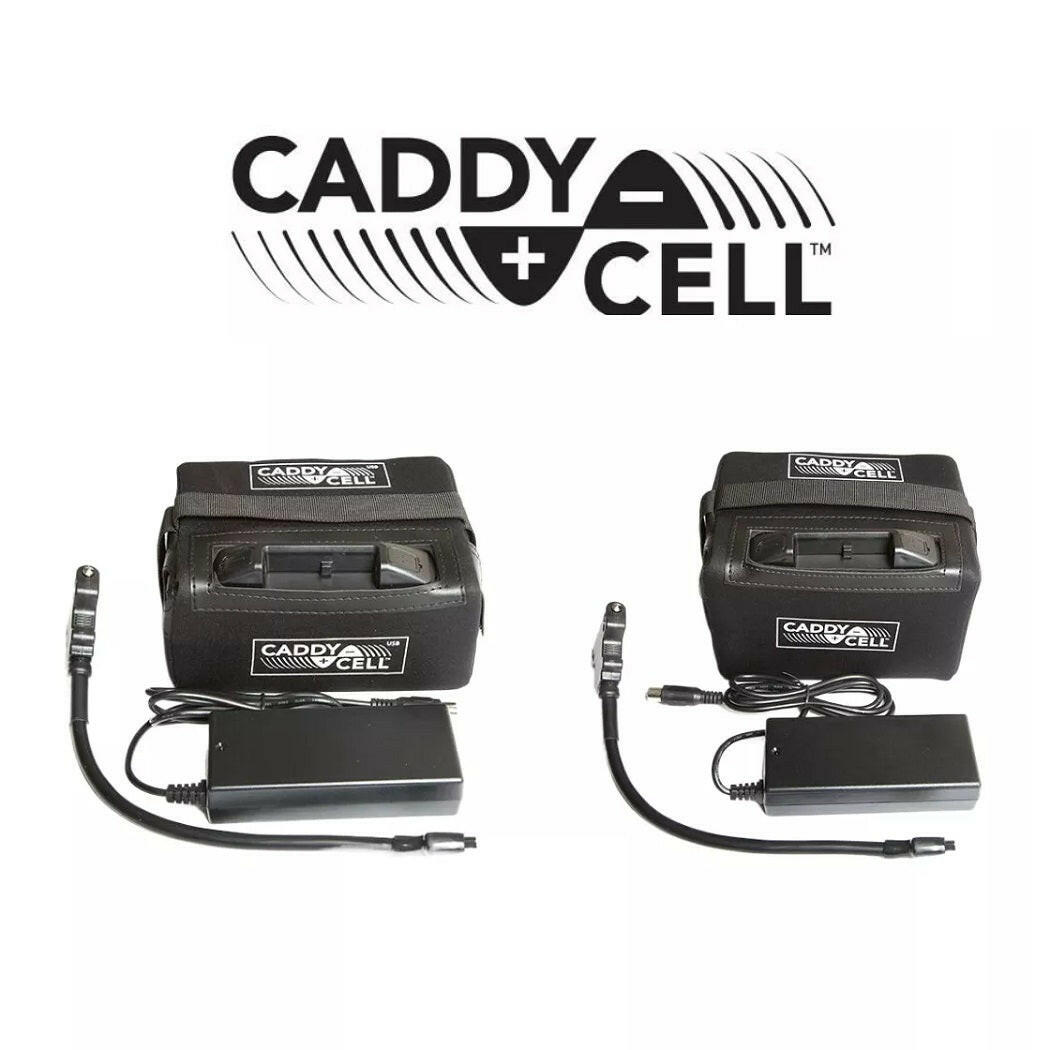 CaddyCell Lithium Battery & Charger Set Motocaddy Powakaddy - showing both batteries