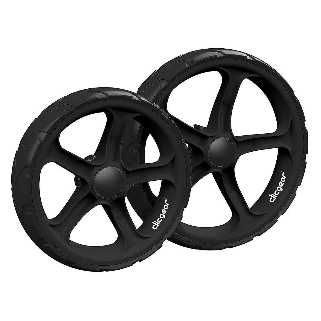 Clicgear 8.0 Push Golf Trolley (Black) - showing the trolley`s two wheel sizes