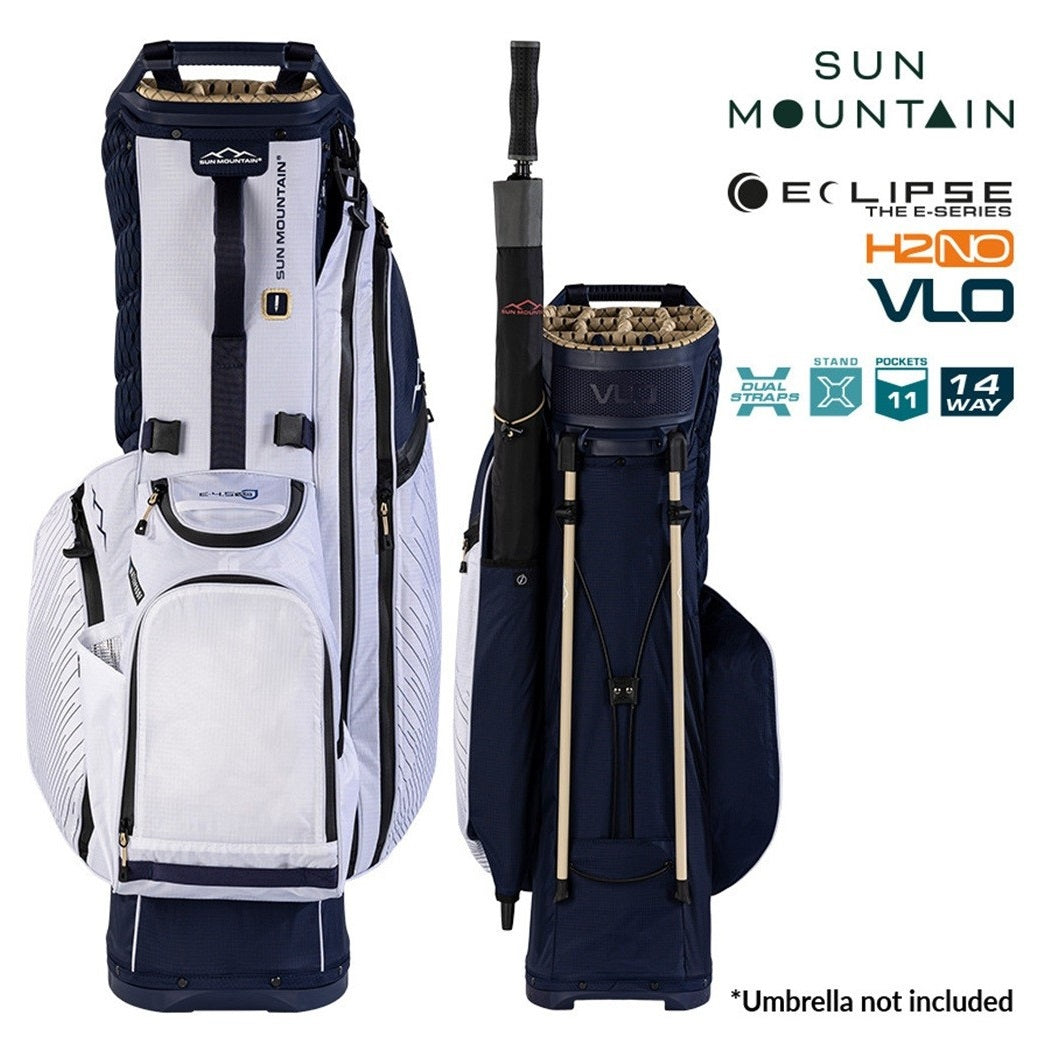 Sun Mountain Eclipse E3.5 4-Way Carry/Stand Golf Bag - Navy/Gold/White - front and rear views