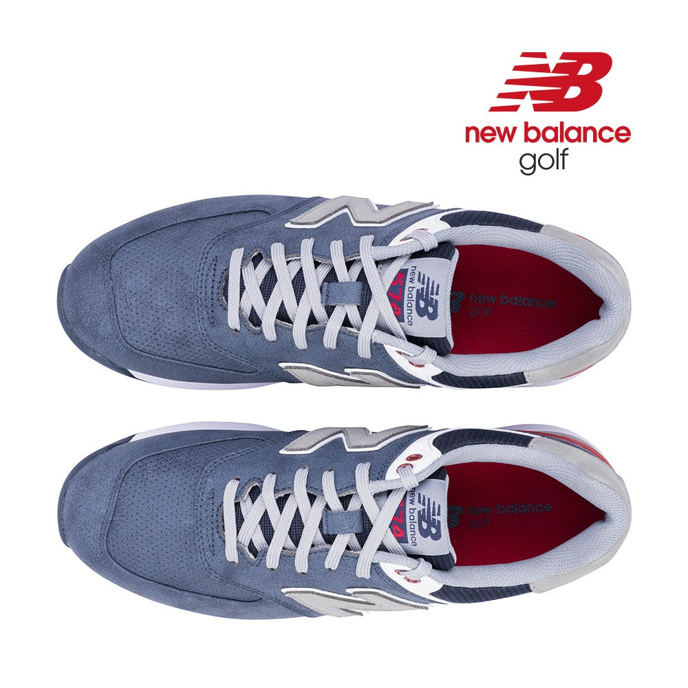 New Balance Men`s 574 Greens V2 Spikeless Golf Shoes - Navy/Red - overhead view