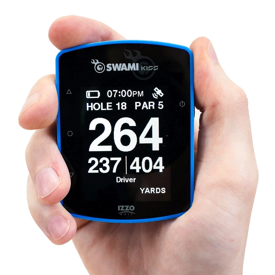Izzo Swami Kiss 2.0 Golf GPS Rangefinder - Blue - showing its small size