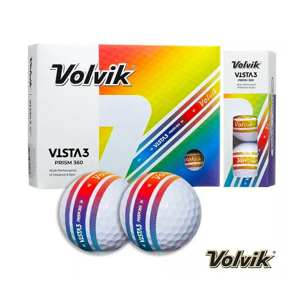 Volvik Vista3 Prism 360 Golf Balls - showing the box and a sleeve of 3 balls