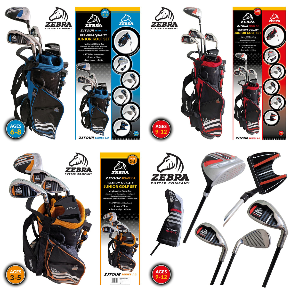 Zebra Junior Tour Golf Boxed Starter Set With Bag - Ages 3-5, 6-8 OR 9-12 - package sets