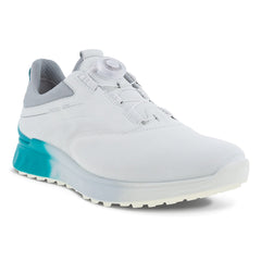 Ecco Biom S-Three BOA GORE-TEX Spikeless Men's Golf Shoes (White/Caribbean UK 10) - showing the shoe`s toe, laces and outer side
