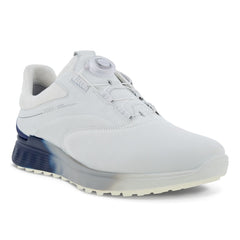 Ecco Biom S-Three BOA GORE-TEX Spikeless Men's Golf Shoes (White/Blue Depths UK 9-9.5) - showing the shoe`s toe, laces and outer side