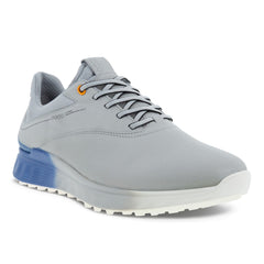 Ecco S-Three GORE-TEX Spikeless Men's Golf Shoes (Concrete/Retro Blue UK 10.5-11) - showing the shoe`s toe, laces and outer side