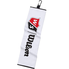 Wilson Staff Golf Towel Tri-fold Microfibre (White) - showing the towel with its hanging clip