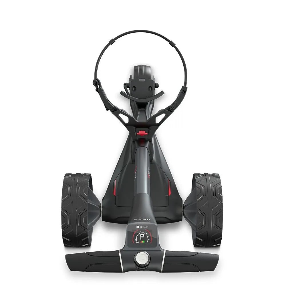 2025 Motocaddy Electric Golf Trolley - S1 DHC Ultra Lithium Battery & Charger - overhead view, handle display