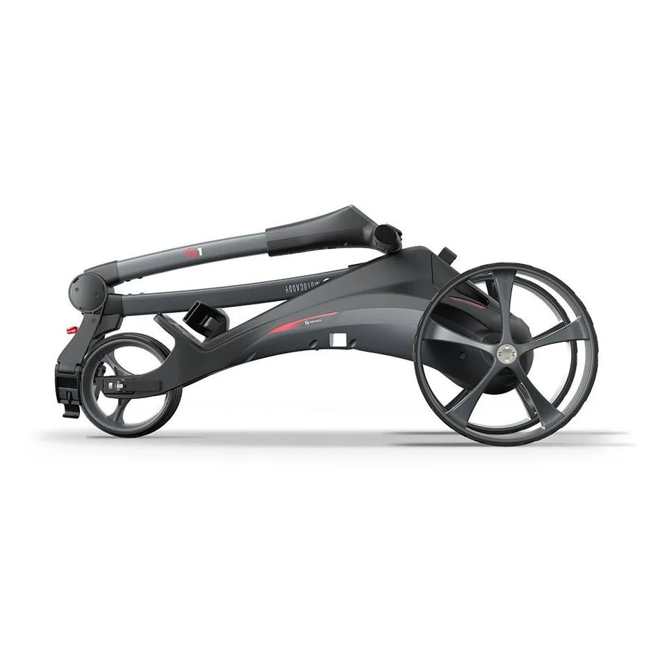 2025 Motocaddy Electric Golf Trolley - S1 Standard Lithium Battery & Charger - side view, folded