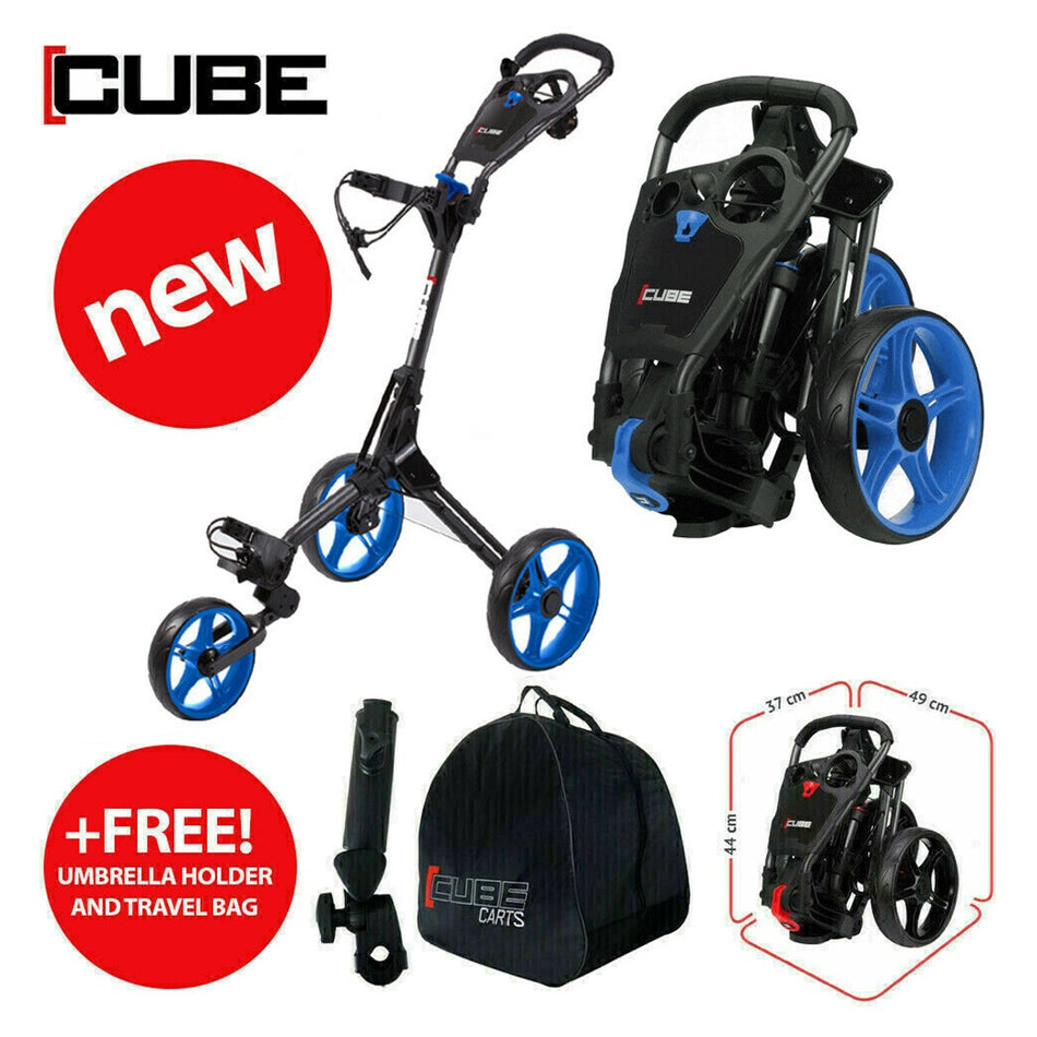 Skymax Cube 3.0 3-Wheel Golf Push Trolley – Charcoal/Blue - FREE OFFER umbrella holder and boot travel bag