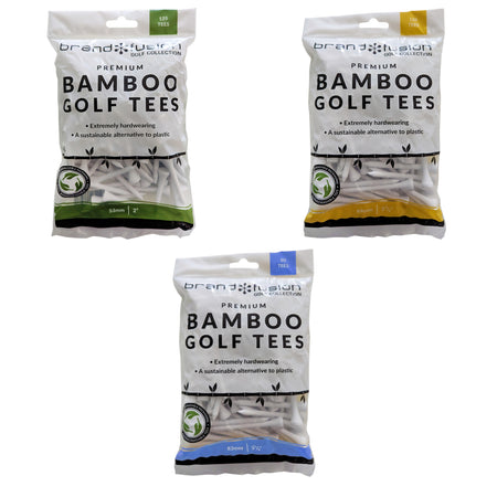 Brand Fusion Bamboo Golf Tees - Bumper Pack - showing the available sizes