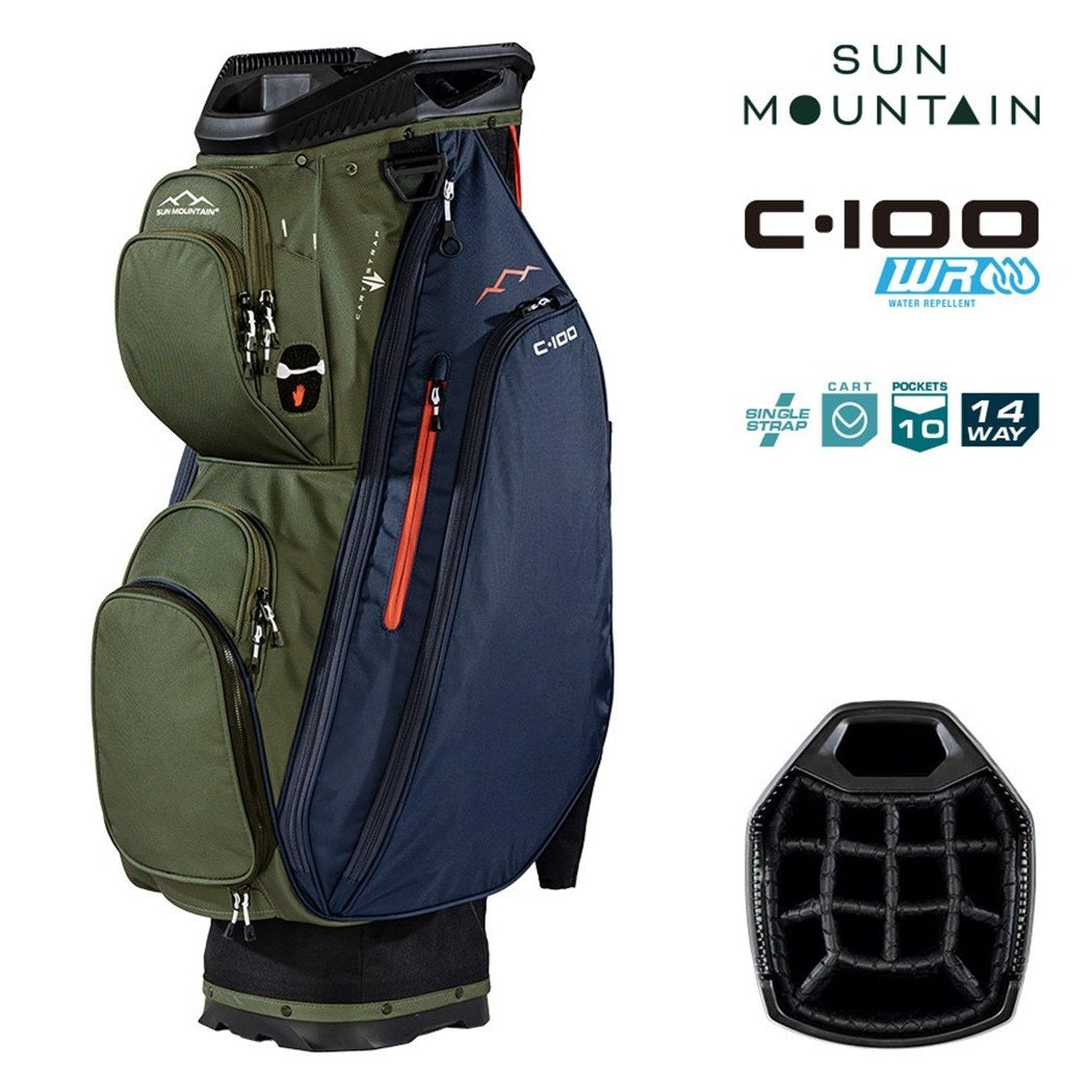 Sun Mountain C-100 14-Way Cart Golf Bag - Black/Olive/Inferno - with features