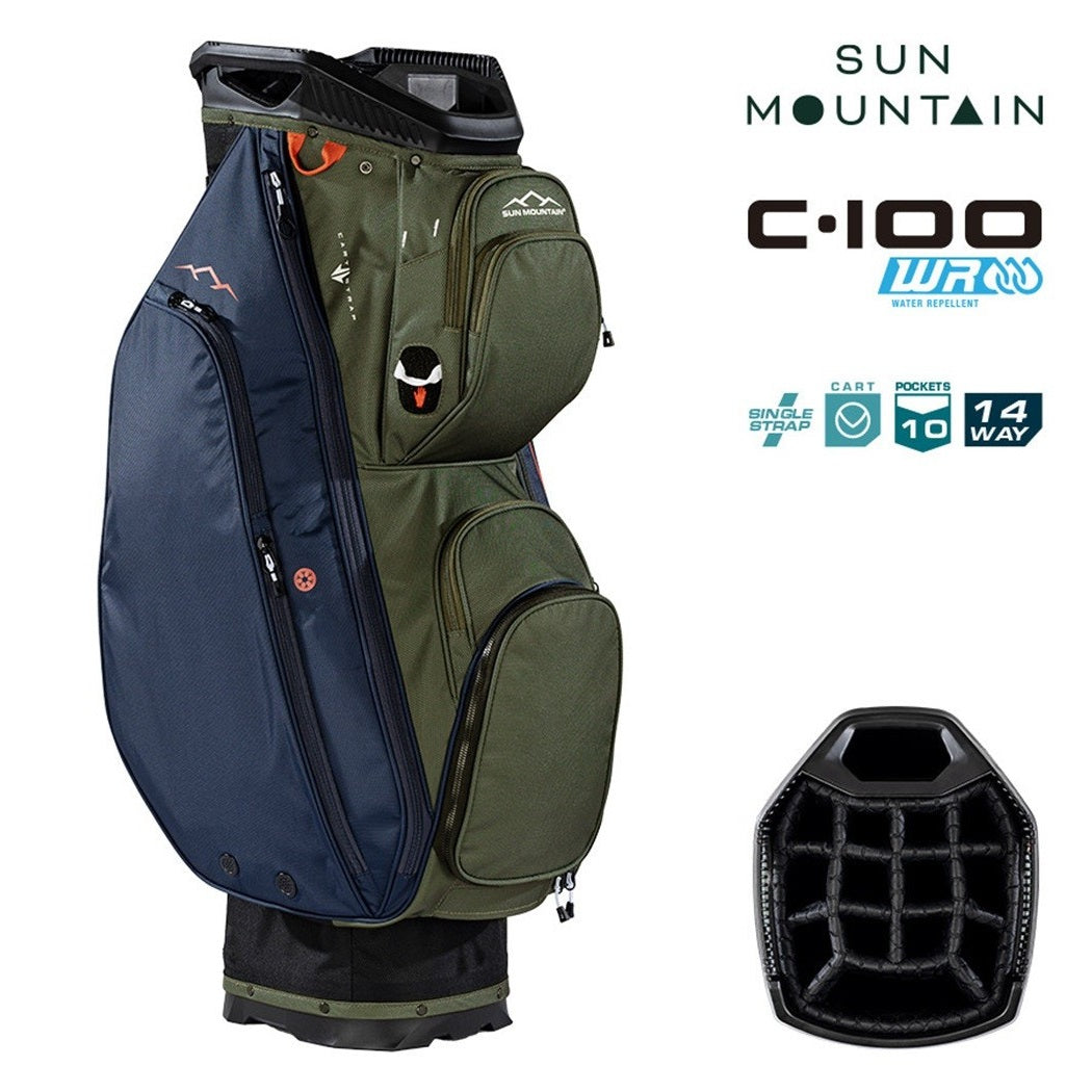 Sun Mountain C-100 14-Way Lightweight Cart Golf Bag - Black/Olive/Inferno - storage pockets