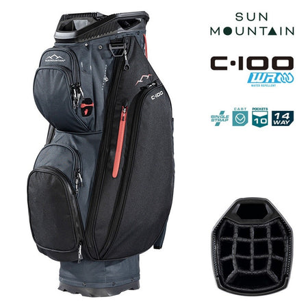 Sun Mountain C-100 14-Way Cart Golf Bag - Steel/Black/Red - with features