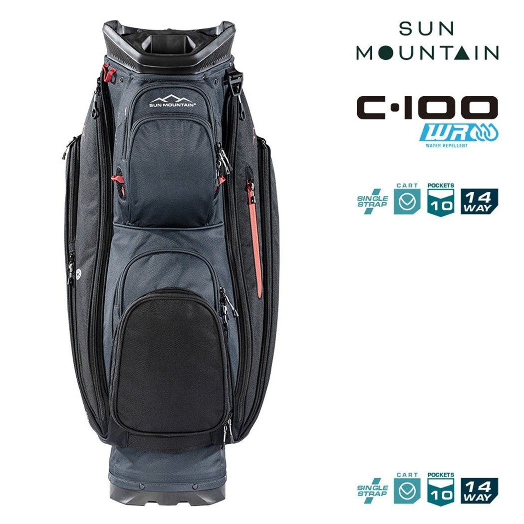 Sun Mountain C-100 14-Way Lightweight Cart Golf Bag - Steel/Black/Red - zipped pockets and divider