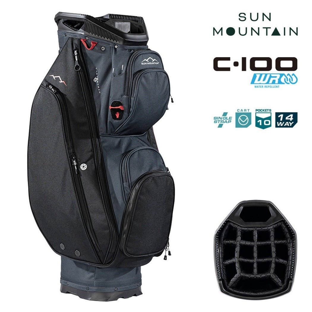 Sun Mountain C-100 14-Way Lightweight Cart Golf Bag - Steel/Black/Red - storage pockets