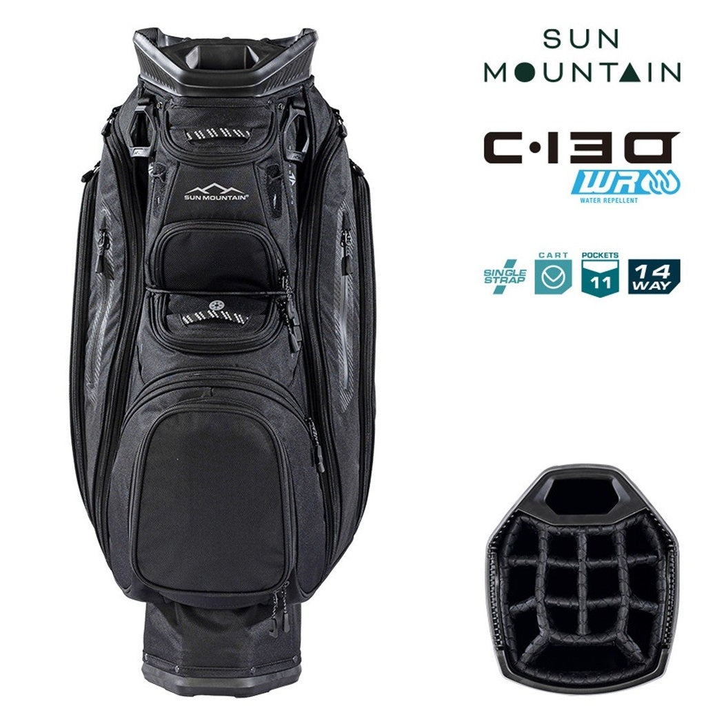 Sun Mountain C-130 Cart Bag 14-Way Golf Trolley Bag - Black - zipped pockets